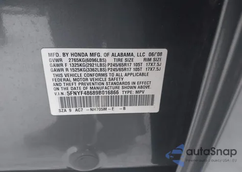 2009 Honda Pilot Ex-L z USA, uszkodzony, nr VIN 5FNYF48689B016866